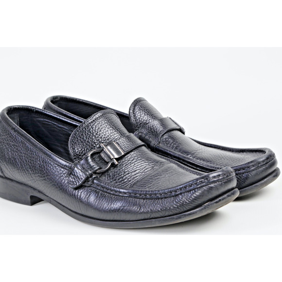 Salvatore Ferragamo Loafers Black Pebble Grain Leather Gancini Bit Mens Size 8.5